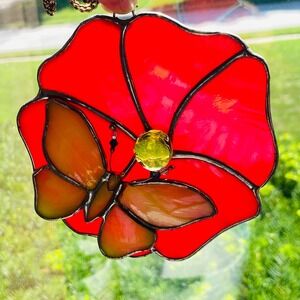 Stained Leaded Glass‎ Butterfly Hibiscus Sun Catcher Hanging Window Art Decor